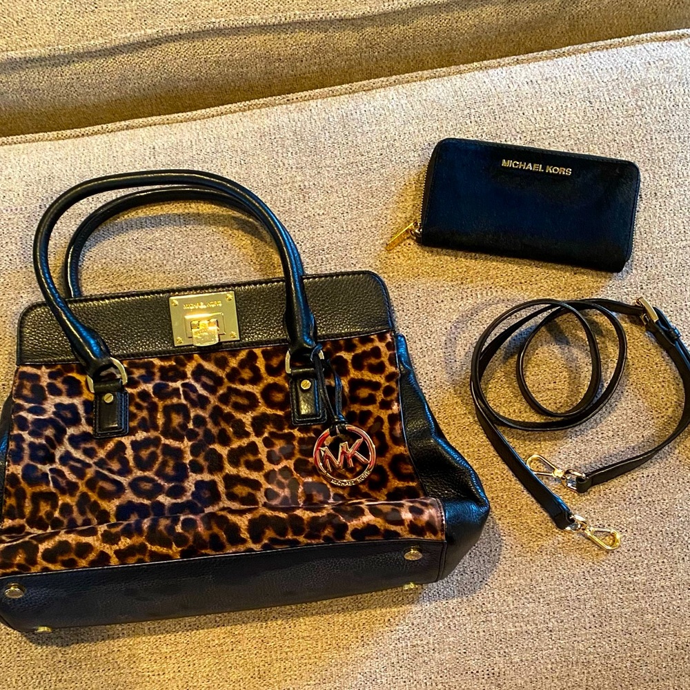 Michael Kors leopard print pony hair handbag EUC
